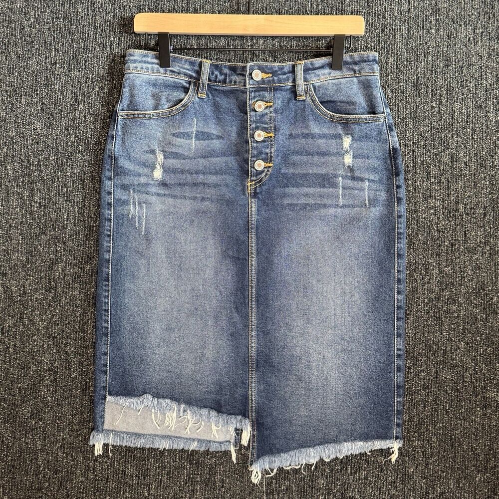 Kancan Distressed Denim Midi Skirt Sz Large Button Fly Frayed Hem Medium Wash